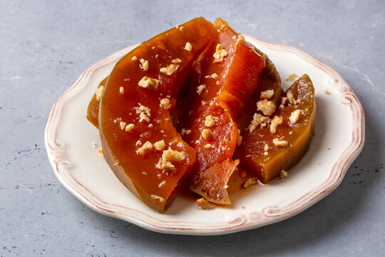 Traditional delicious Turkish cuisine; Pumpkin dessert or jam (Turkish name; Kirecte kabak receli or kabak tatlisi)