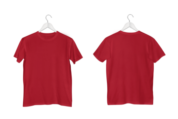 Red Cotton Kids' O-Neck Short Sleeve T-Shirt Displayed on White Wooden Hanger with Transparent Background