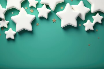 Obraz premium Many gingerbread cookies on bright teal blue background. Traditional xmas cinnamon stars. Christmas greeting card. Holiday baking concept. Top view flat lay with copy space