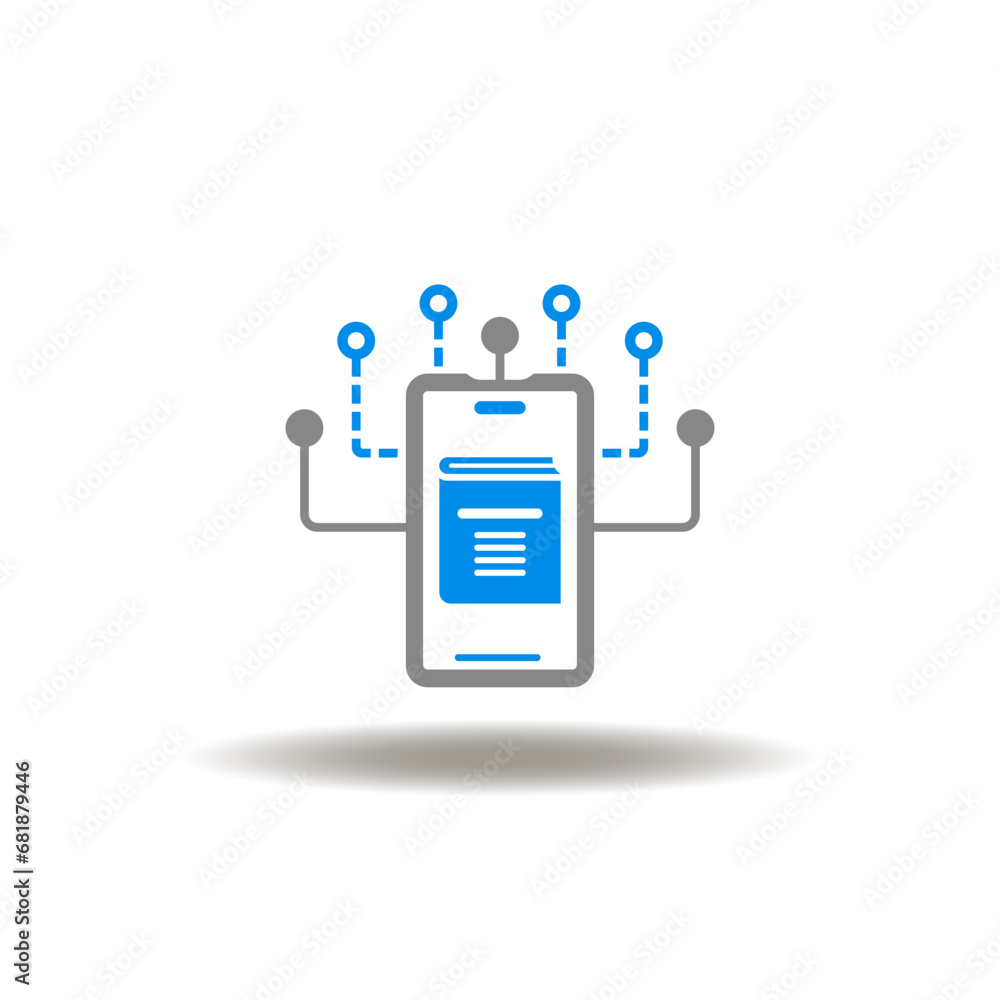 Poster vector illustration of smartphone with circuit pattern and book. icon of online library. symbol of w