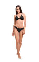 Young woman in stylish bikini isolated on white