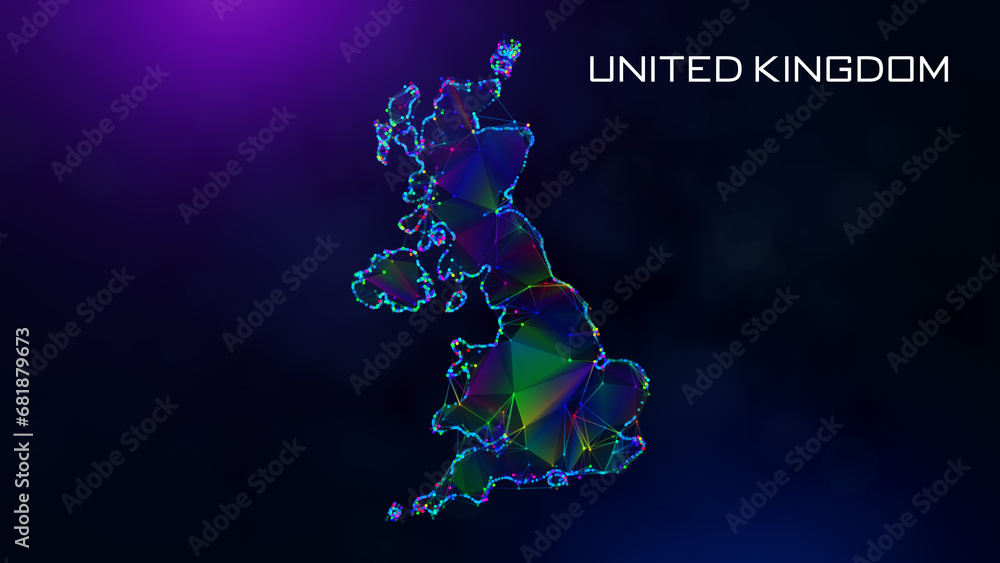 Poster futuristic sweet united kingdom map polygonal blue purple colorful connected lines dots and facet wi