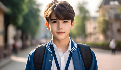 Portrait of a adorable teenage schoolboy is wearing uniform on the road to the school, westerner, on cinematic background