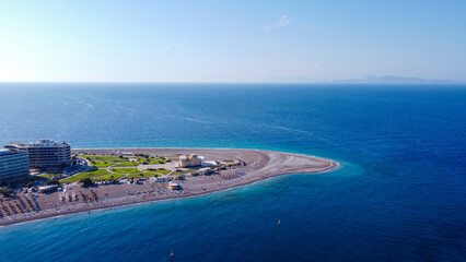 Aerial birds eye view photo taken by drone of Rhodes island town Elli beach a popular summer...