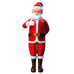 3D character of santa claus showing thumb up gesture using left hand, Merry Christmas and Happy New Year, 3d illustration and rendering