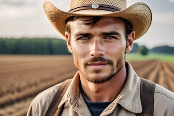 Portrait of a farmer wearing hat on the field blurs the background