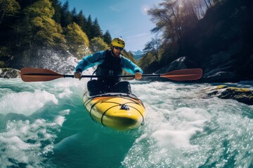 Adventurous Kayaking river sport. Tourism paddle travel. Generate Ai