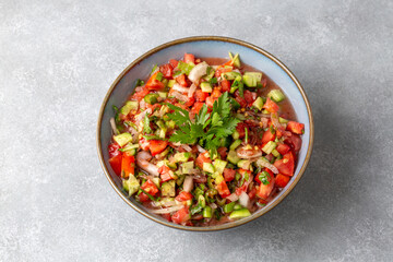 Turkish Shepards Salad with cucumber, tomato, red onion, pepper, parsley (Turkish name; kasik...
