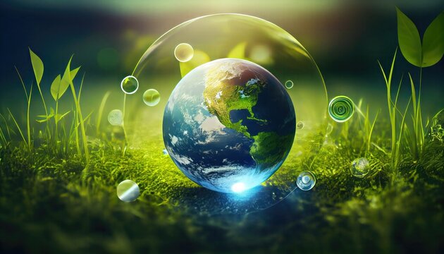 planet earth grass sunny background energy resources icon day saving concept development green business investment elements this image furnished nasa resource technology environment conservation