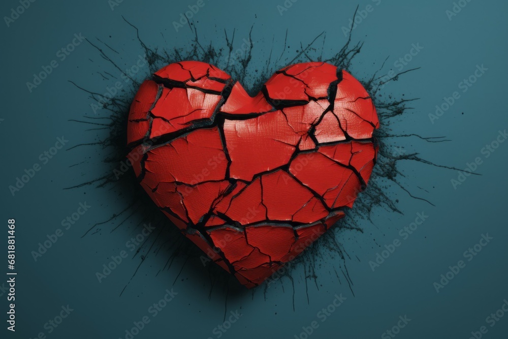 Poster broken heart with cracks. background with selective focus and copy space