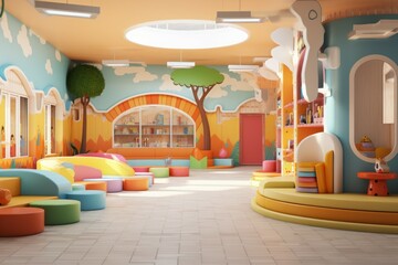 Playful Kindergarten interior room. Color indoor. Generate Ai - obrazy, fototapety, plakaty