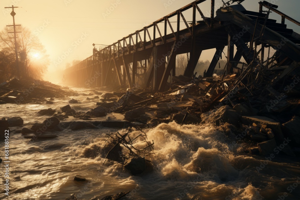 Poster destroyed bridge. background with selective focus and copy space for text