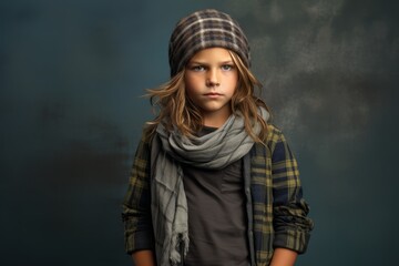 Portrait of a sad little girl in a warm hat and scarf. Studio shot.
