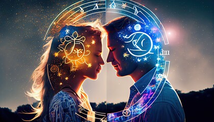 Concept love compatibility zodiac signs Horoscope astrology astral intimate romance adult background between boyfriend capricorn chart couple dating divination esoteric female fortune future girl - obrazy, fototapety, plakaty