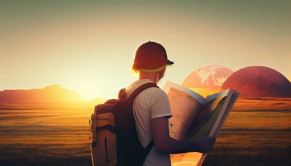 Young tourist traveling studying world map sunset Travel tourism vacation explore sport concept holiday maker journey direction discovery searching active adventure attractive backpack backpacker - obrazy, fototapety, plakaty
