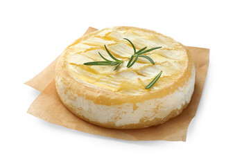 Tasty baked brie cheese with rosemary isolated on white