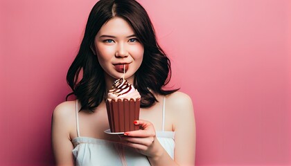 Image happy cute Asian young woman standing isolated pink background eating chocolate sweet...