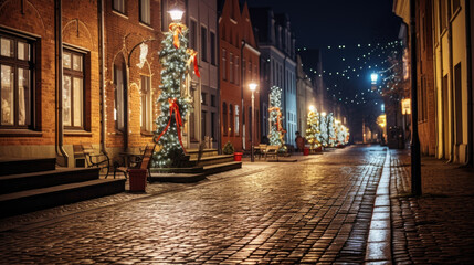 Fototapeta na wymiar Night. Winter, christmas, christmas decoration. A colorful brick street lined with row houses, photo-realistic landscapes, traditional street scenes, colorful woodcarvings, delicate colors...