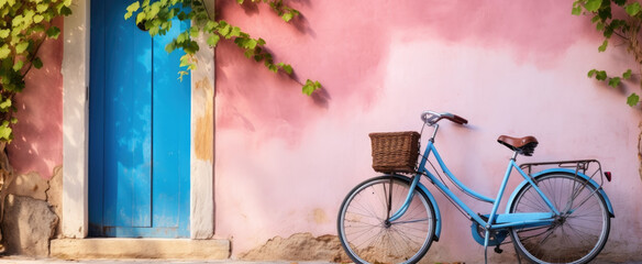 ibiza pink bike on street outside small square, spain, in the style of photo-realistic landscapes, charming, rustic scenes, contest winner, turquoise and beige. - obrazy, fototapety, plakaty