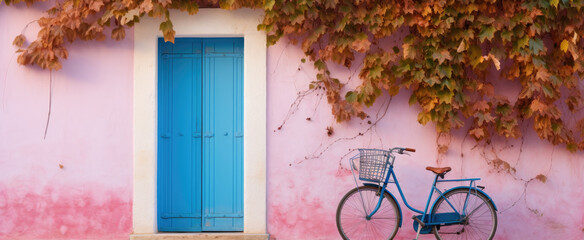 ibiza pink bike on street outside small square, spain, in the style of photo-realistic landscapes, charming, rustic scenes, contest winner, turquoise and beige.