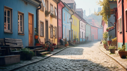 Fototapeta na wymiar a colorful brick street lined with row houses, misty atmosphere, landscapes, traditional street scenes, colorful woodcarvings, delicate colors.