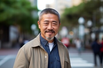 Portrait of an asian senior man smiling at the camera outdoors