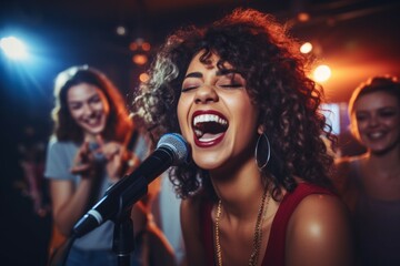 Happy woman singing karaoke. Background with selective focus and copy space - Powered by Adobe