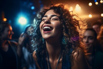 Happy woman dancing in a club. Background with selective focus and copy space