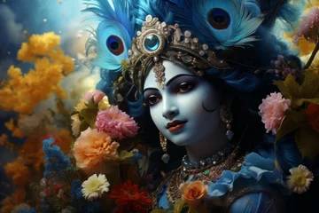 Tuinposter Krishna in Asian style. Religious concept with selective focus and copy space © top images