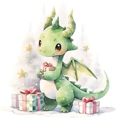 Fantasy cute green dragon with present boxes and stars isolated on white background. Watercolor cartoon illustration. Chinese New Year, 2024 year of dragon zodiac sign