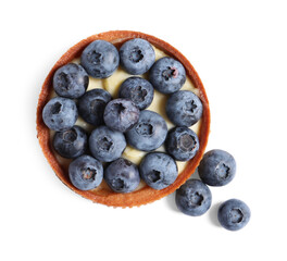 Tartlet with fresh blueberries isolated on white, top view. Delicious dessert
