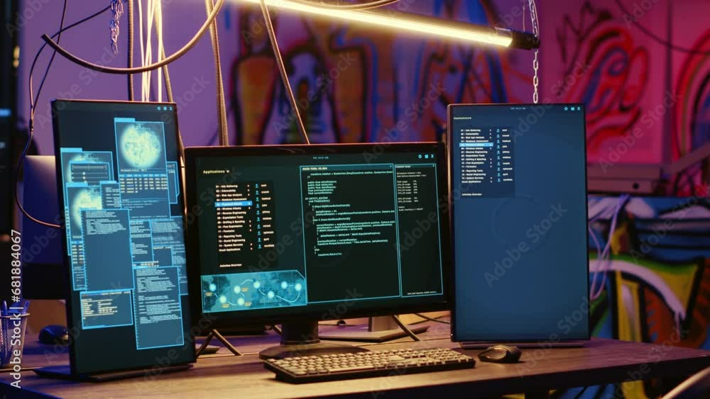 Poster high tech computer systems running malicious code in messy empty criminals hideaway. virus script ru