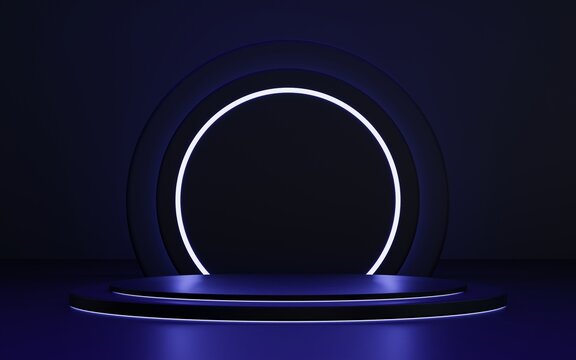 Black 3d Neon Background. Blue Light Ring With Black Background, Product Presentation Mockup, Steps Podium Pedestal For Website Baner With Blue Neon Ring. Geometric Cylinder Pedestal Scene Stand Room.