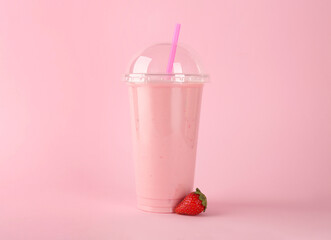 Plastic cup of tasty smoothie and fresh strawberry on pink background