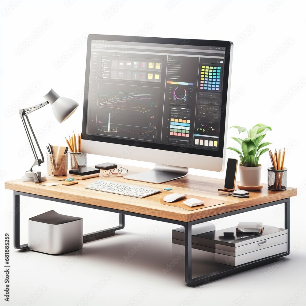 Poster desk with computer