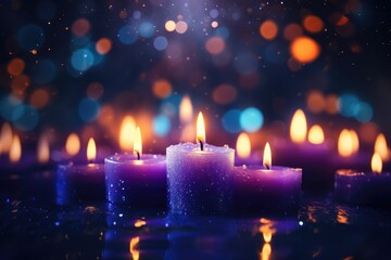 Flaming pink aroma candles at night on blurred purple background with bokeh lights. Candles in...