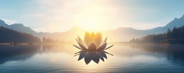 Waterlily or lotus flower in mourning lake in sunlight. Enlightenment and universe. Magic spa and relaxation banner with copy space. Concept of religion, kundalini and meditation - obrazy, fototapety, plakaty