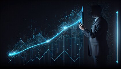 businessman draws growing virtual hologram statistics graph chart stock market analyzing sales data investment growth currency rate finance trade concept inflation forex exchange index diagram - obrazy, fototapety, plakaty