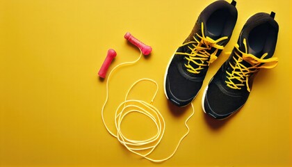 Jump rope sports shoes yellow backgroundMinimalist fitness concept Top view copy space fl lay exercise gym jumprope athletic active accessory activity background blue boot cardiac cardio