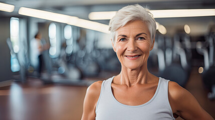 Fototapeta premium Beautiful old woman in excellent physical condition posing and exercising in the gym with a happy smile