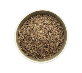Bowl of dry dill seeds isolated on white, top view