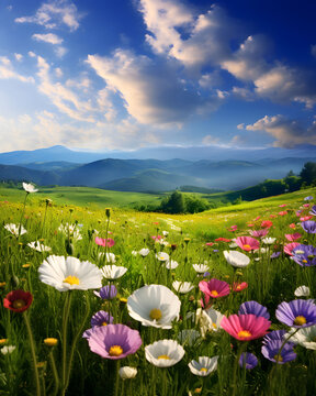 Rolling green meadows adorned with colorful wildflowers