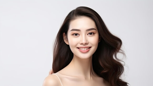 Beautiful young Asian woman with clean fresh skin, healthy hair, facial care and Cosmetology for beauty and spa on white background created with Generative AI Technology
