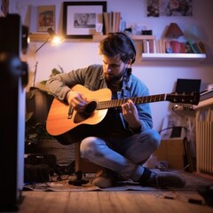 Caucasian young man play guitar at home in the evening with pink neon light