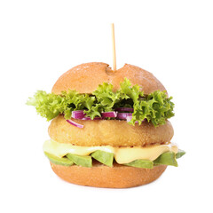 Tasty vegetarian burger with cutlet, cheese, avocado and onion isolated on white
