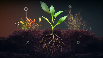 Role nutrients plant life development Soil gital mineral icon education nutrient fertilizer growing biology agriculture background calcium cles concept corn cultivated earth ecology environment - obrazy, fototapety, plakaty