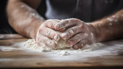 professional chef's hands knead dough with flour on a wooden table