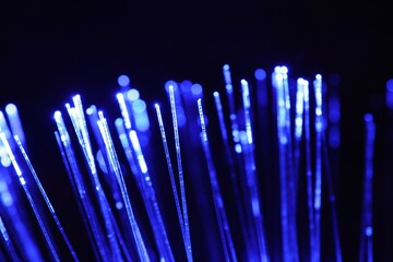 Optical fiber strands transmitting blue light on black background, closeup