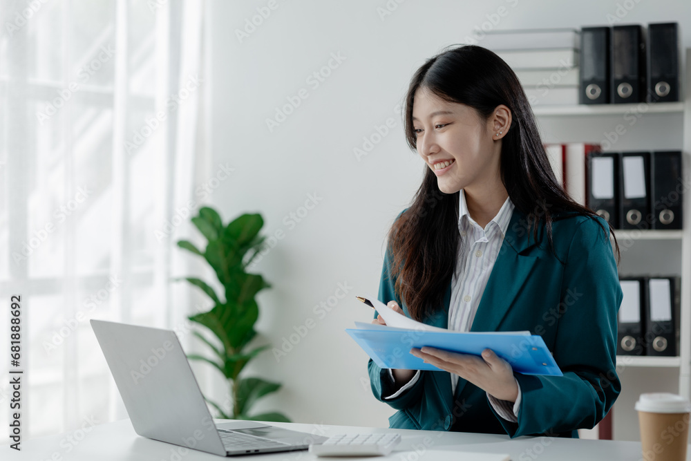 Aufkleber accountant calculating numbers on calculator, auditor is working on accounting in the office, numeri