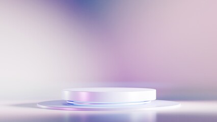 Blank product stand with neon lights on pastel blue, purple, rose and white background. 3d rendering. empty background for product promotion. Stand, podium, award, steps. Pastel empty background.